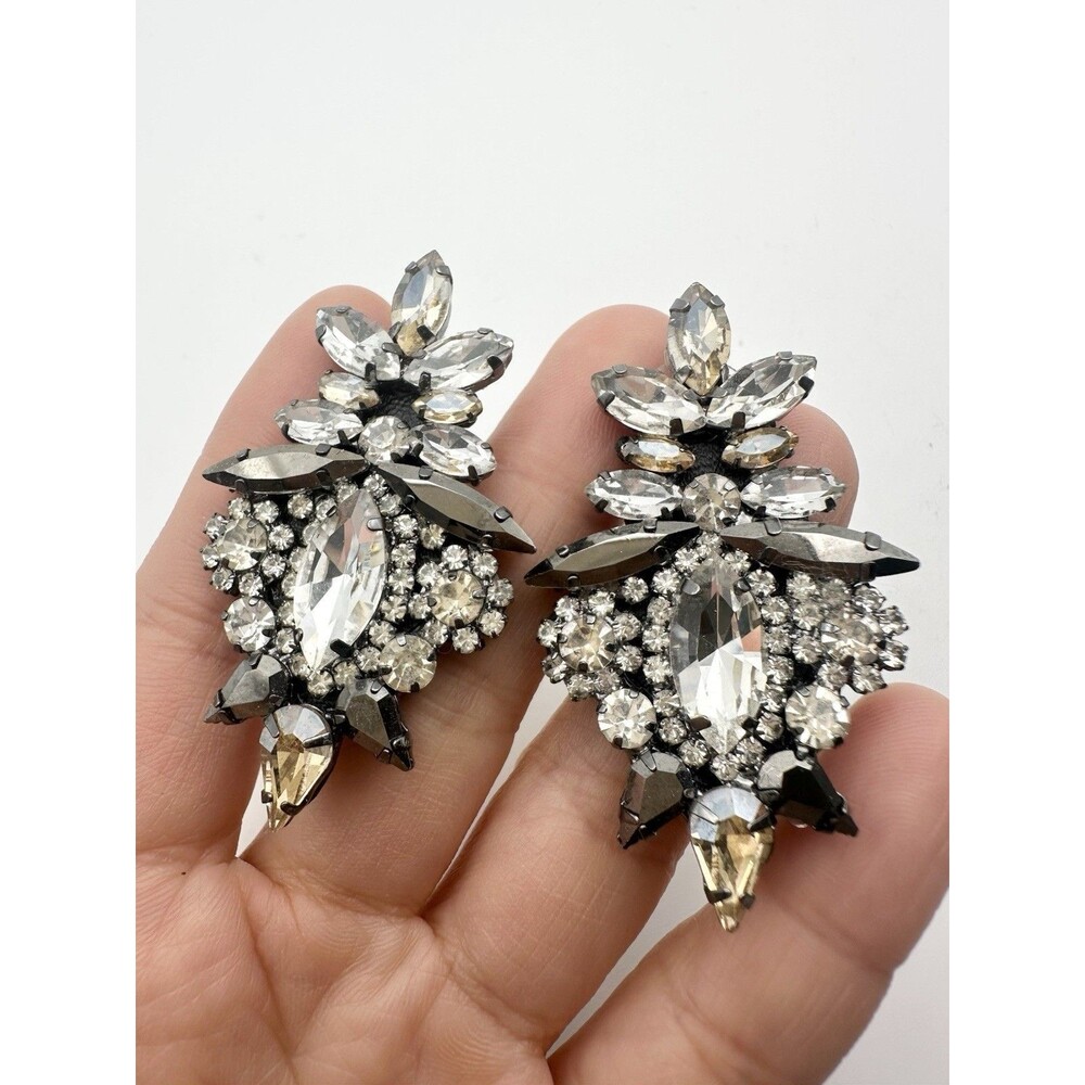 Sparkle Crystal Statement Pierced Earrings Black White Floral
